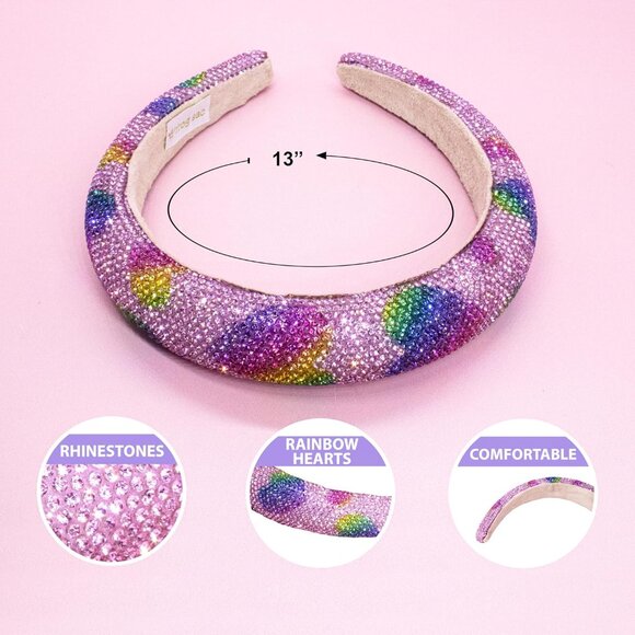 Girls Padded Rhinestone Headband Rainbow Heart No-Slip Velvet Hair Accessory - Picture 4 of 9